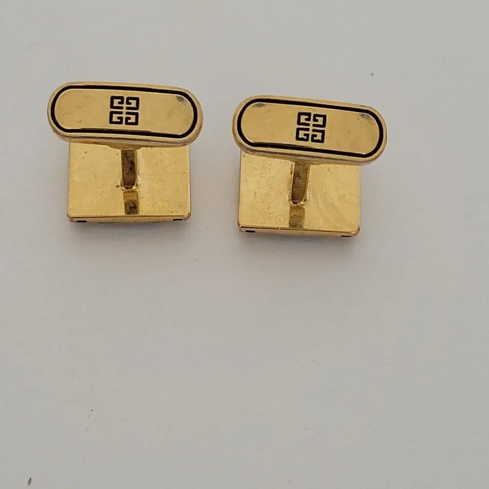 Givenchy G French Tie Bar Clip Cufflinks Set Gold Silver Tone Logo Geometric‎